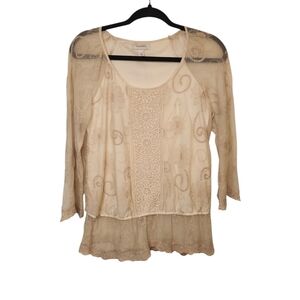 Dressbarn Women's Champagne Embroidered Floral Lace Blouse Size S